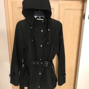 Michael Kors Black hooded belted jacket coat Large